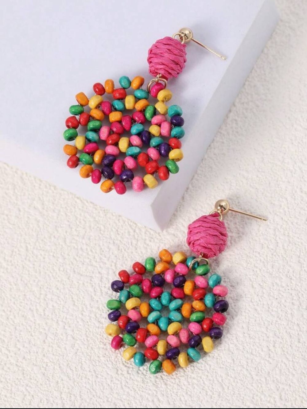 Handmade Boho Wood Bead & Raffia Statement Summer Earrings Eclectic Whimsical - Picture 6 of 6
